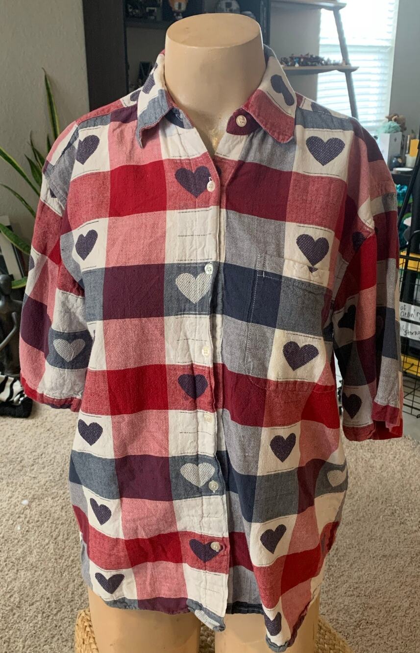 Vintage 80's woven plaid heart button up top sz L